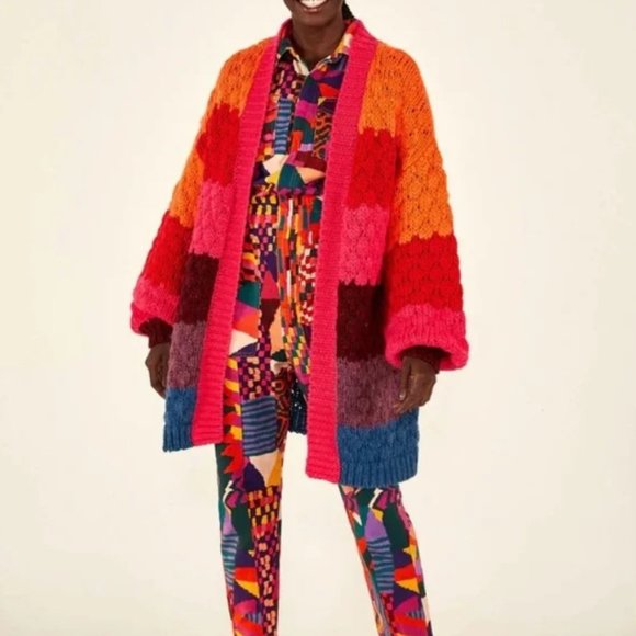 NWT FARM Rio Striped Multicolor Rainbow Oversized Cardigan Sweater Size Small - Picture 1 of 4